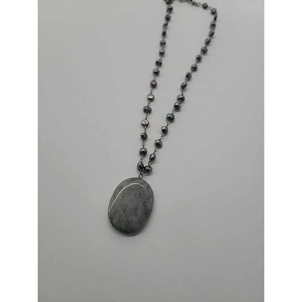Vintage Silver Tone Beaded Necklace Gray Oval Natural Stone Pendant Boho Artisan - Picture 6 of 11